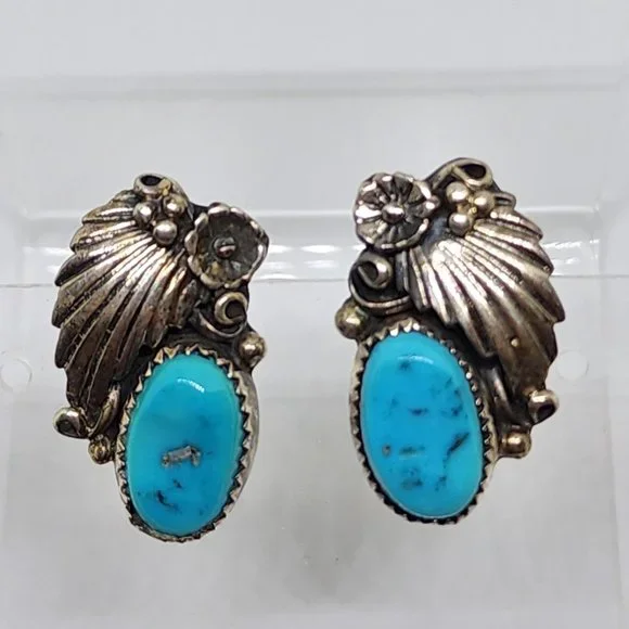Vintage Sterling Silver Turquoise James Mason Handmade Navajo Pierced Earrings - Picture 7 of 9